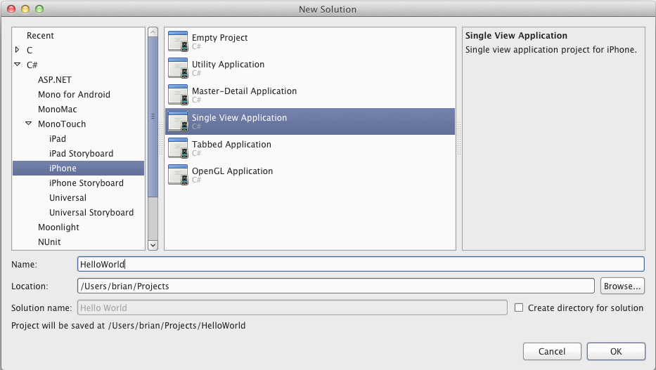 New solution in MonoDevelop