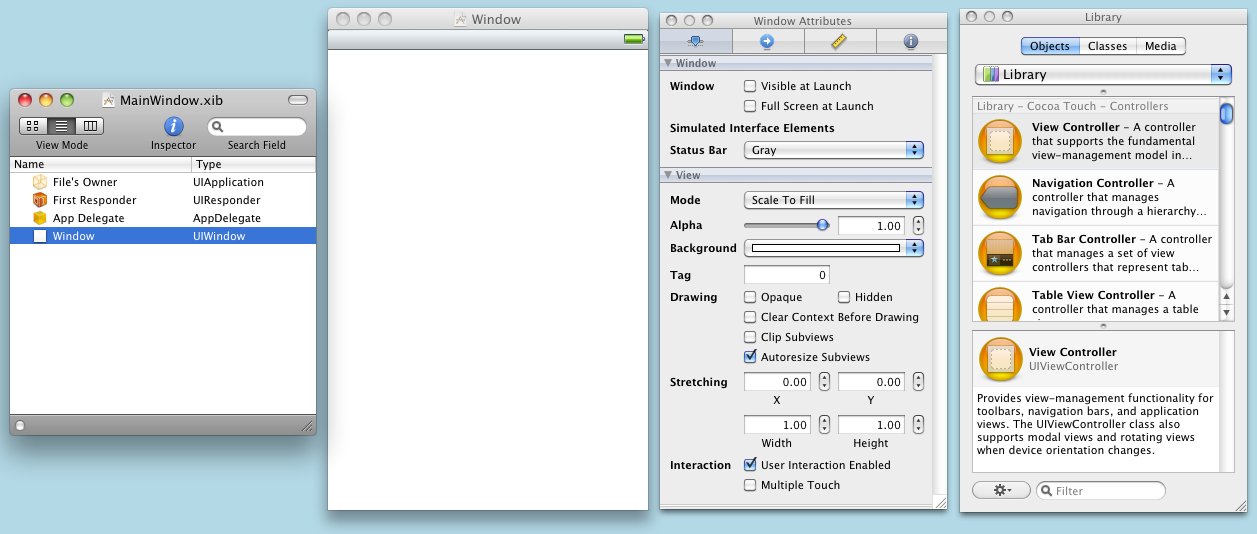 The nib file open in Interface Builder