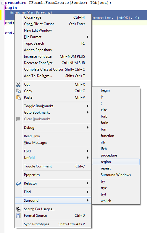 The editor's Surround menu