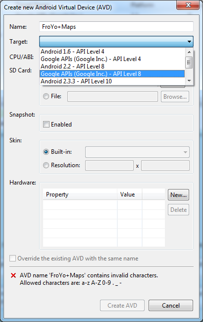 Creating an AVD with Google Maps installed